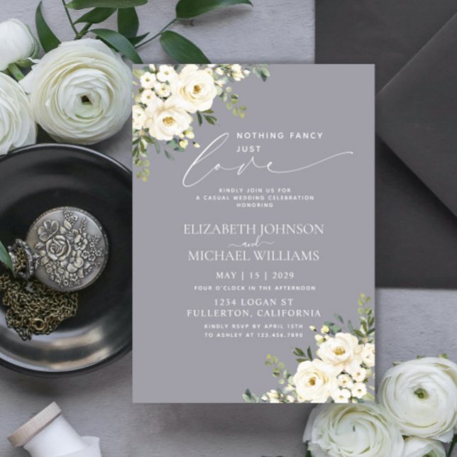 Convite Nothing Fancy Just Love Light Gray Floral Wedding (Criador carregado)