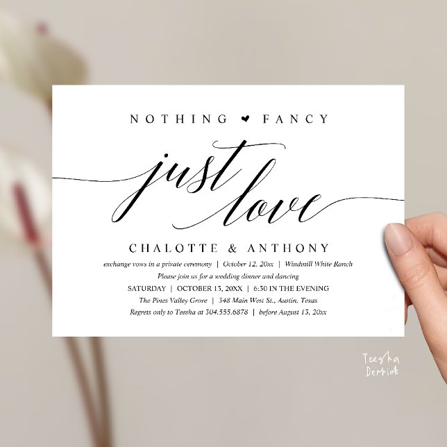 Convite Nothing Fancy, Just Love, Modern Classy Reception (Modern Classy Nothing Fancy, Just Love, Wedding Reception Dinner Invitation Card in Black and White)