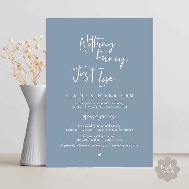 Convite Nothing Fancy Just Love Modern Minimalist Casual (Nothing Fancy Just Love Modern Minimalist Casual Wedding Dinner Invitation Card in Dusty Blue)