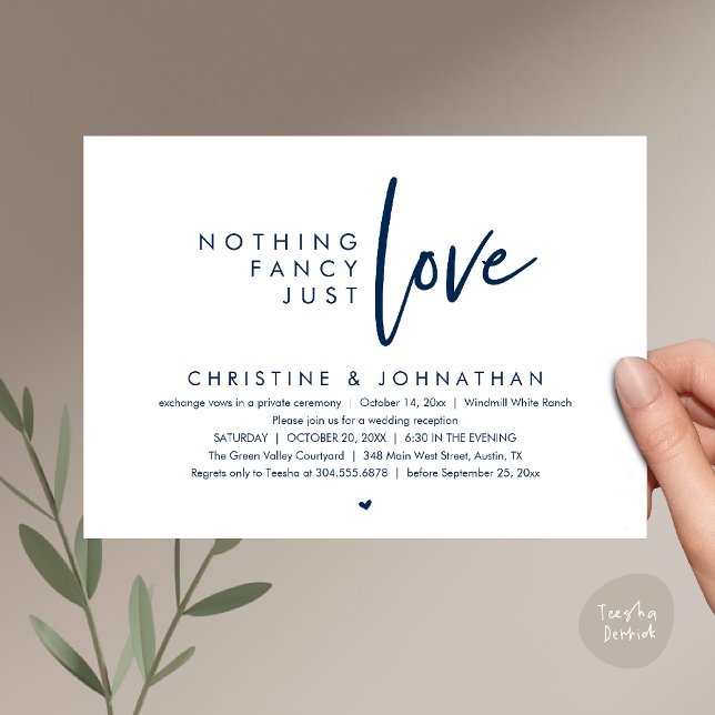 Convite Nothing Fancy, Just Love, Modern Wedding Reception (Nothing Fancy, Just Love, Modern Wedding Reception Dinner Lunch Brunch Invitation Card in Navy Blue)