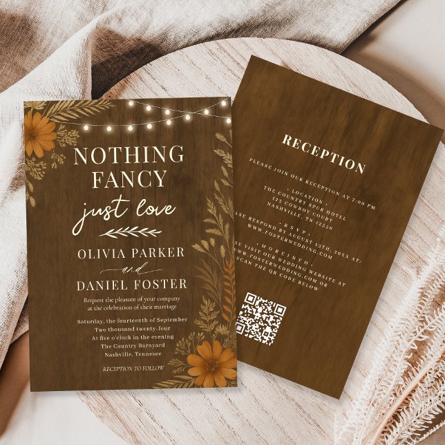 Convite Nothing Fancy Just Love Rustic QR Code Wedding  (Criador carregado)
