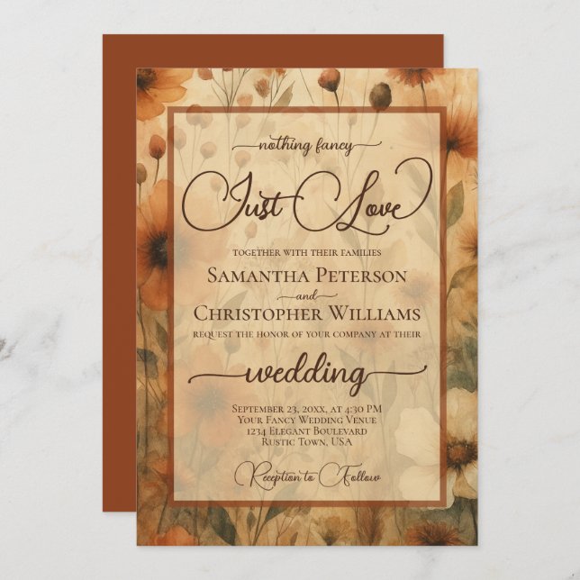 Convite Nothing Fancy Just Love Sienna Boho Floral Wedding (Frente/Verso)
