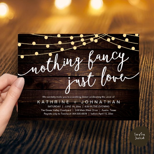 Convite Nothing Fancy, Just Love, Wedding Reception Dinner (Nothing Fancy, Just Love, Wedding Reception Dinner Invitation Card String Lights Brown Wood)