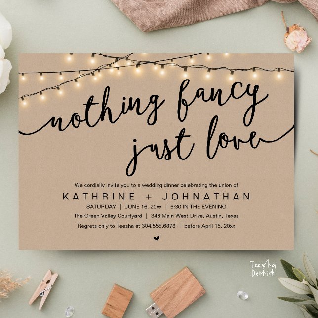 Convite Nothing Fancy, Just Love, Wedding Reception Dinner (Nothing Fancy, Just Love, Wedding Reception Dinner Invitation Card String Lights Brown Kraft)