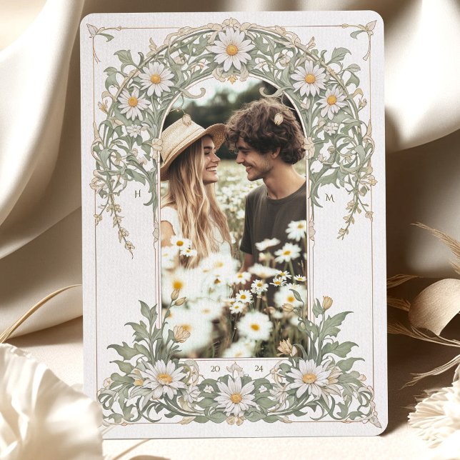 Convite Nouveau Daisies Foto Casamento Ivory Green (Criador carregado)