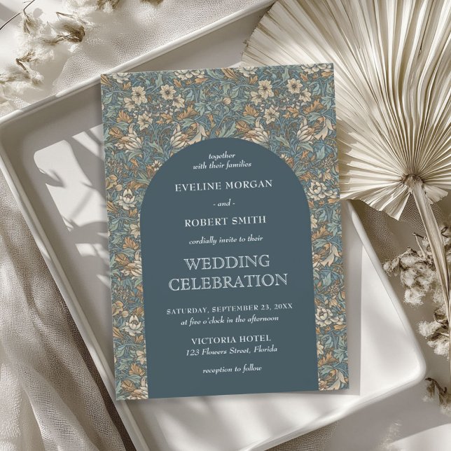 Convite Nouveau floral verde bege azul Elegante (Elegant pastel blue beige floral Art Nouveau Invitation)