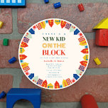 Convite Nova Criança No chá de fraldas Bloco De Vizinhança<br><div class="desc">chá de fraldas temático "Nova criança no bloco" com borda de casas e prédios coloridos em cores brilhantes com texto no centro.</div>