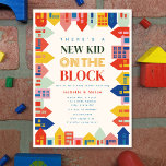 Convite Nova Criança No Chá de fraldas Da Fronteira De Blo<br><div class="desc">Convite neutro de chá de fraldas com borda com ilustrações de casas e edifícios com paleta de cor rosa,  azul,  vermelha,  verde,  laranja e amarela.</div>