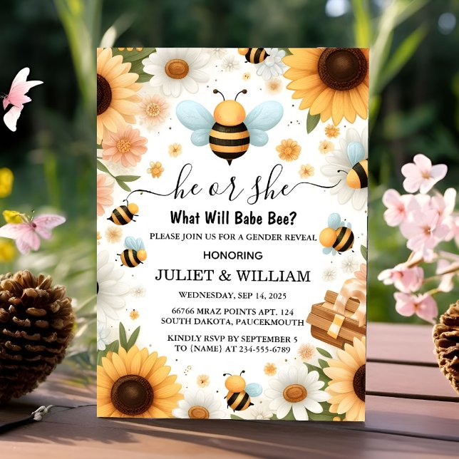 Convite Nova Inseto Daisy Bloom Rustic Busy Bee Revelação  (Criador carregado)