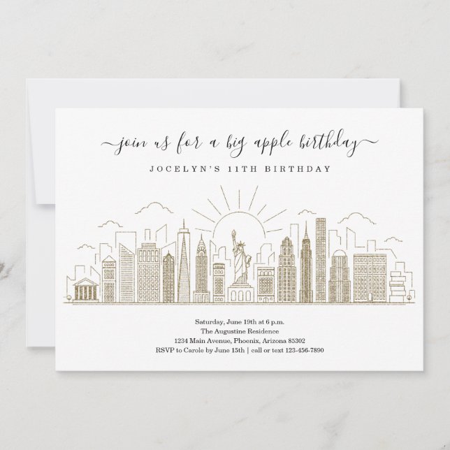 Convite Nova Iorque Big Birthday Apple Party Dourado (Frente)