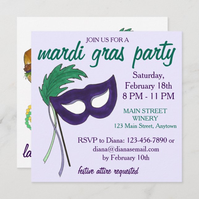 Convite Nova Orleans Mardi Gras Mascarada Ball Party (Frente/Verso)