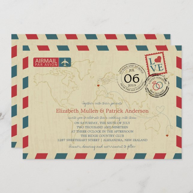 Convite Nova Zelândia / UK Antiguidade Airmail | Casamento (Frente/Verso)