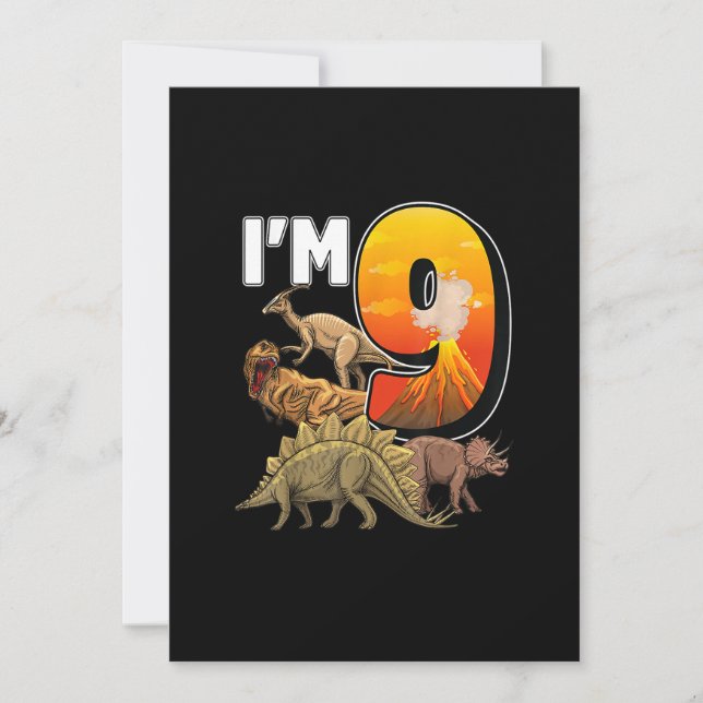 Convite Nove anos Presentes 9º Aniversário Garoto Rawr Eu  (Frente)