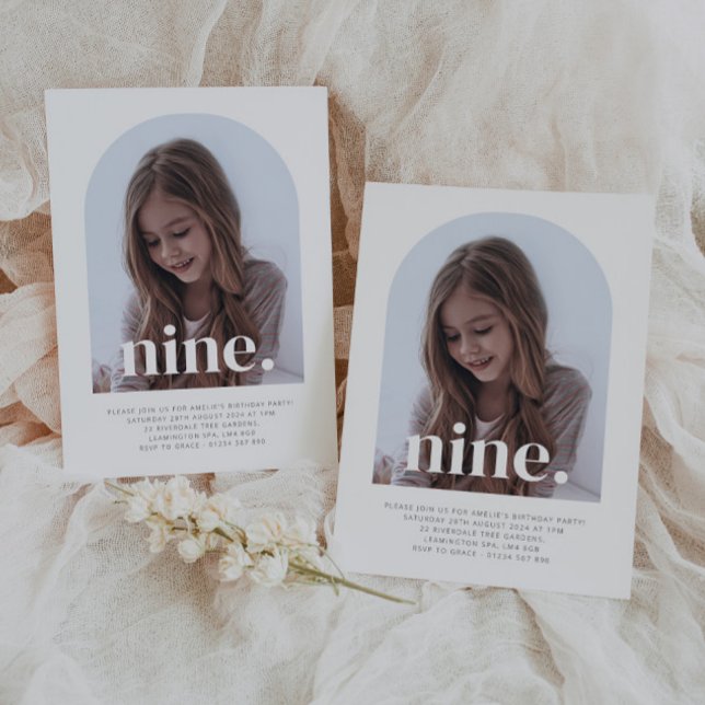 Convite Nove Foto Archada Aniversário (Nine Arched Photo First Birthday Invitation)