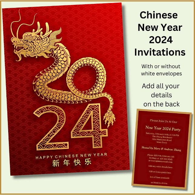 Convite Novo Ano Chinês - 2024 - Adicione Nome, Dragão (Criador carregado)