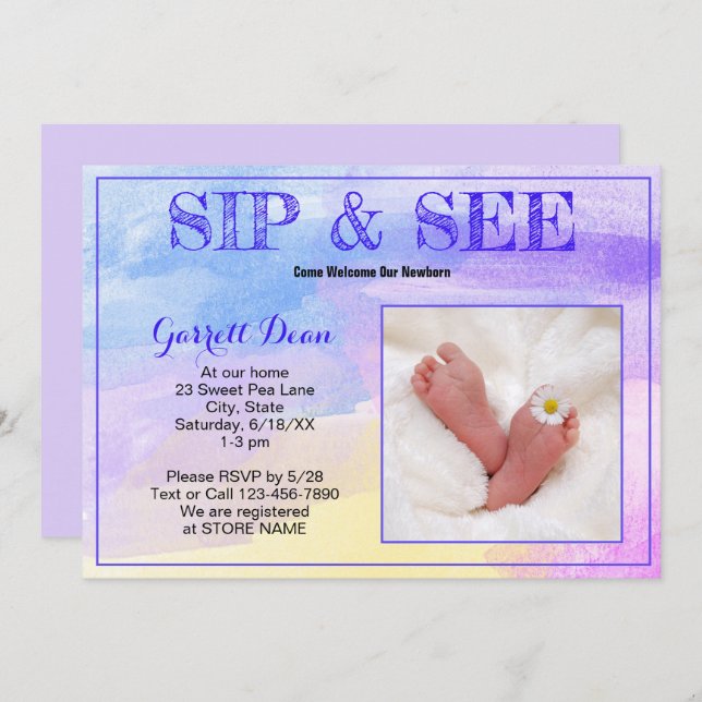 Convite Novo bebê no festival de fotos "Sip and See" roxo (Frente/Verso)