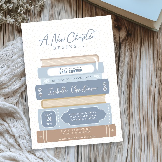 Convite Novo capítulo com Chá de fraldas de Livros Empilha (Shown on a 5" x 7" invitation)