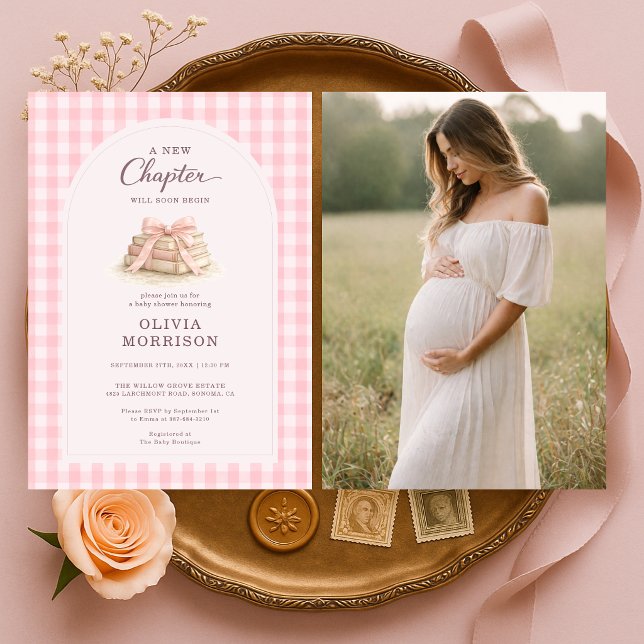 Convite Novo Capítulo Começa Rosa Arco Foto Chá de Bebê (Criador carregado)