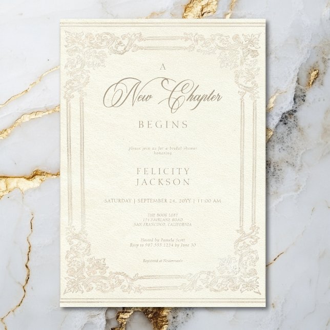 Convite Novo capítulo do livro vitória começa Chá (Vintage Ivory Book New Chapter Begins Bridal Shower Invitation)