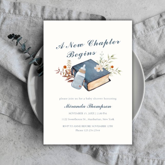 Convite Novo capítulo inicia Chá de fraldas de garrafa de  (A New Chapter Begins Book Bottle Baby Shower Invitation)