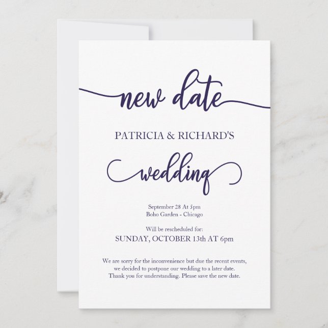Convite Novo Casamento Adiado Data Azul-Marinho Script (Frente)
