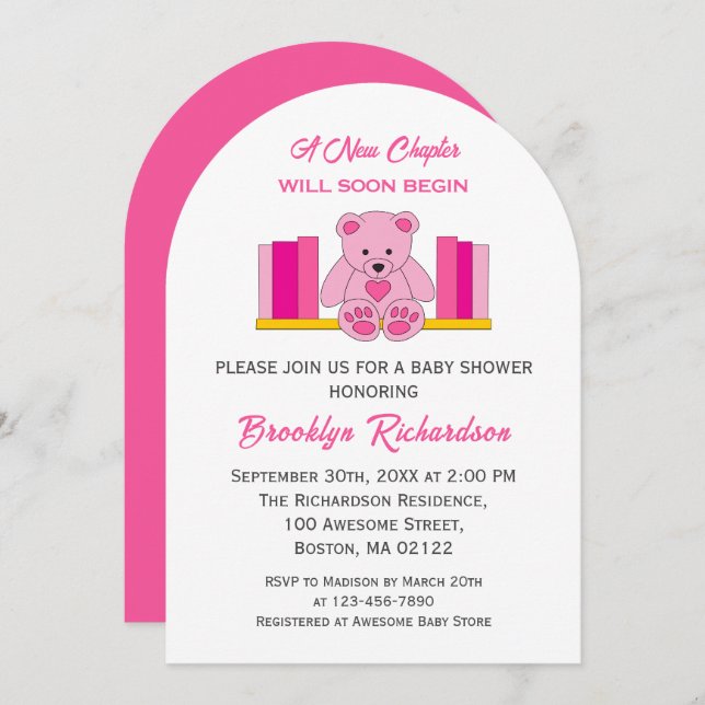 Convite Novo Chá de fraldas de Storey de Urso Rosa (Frente/Verso)