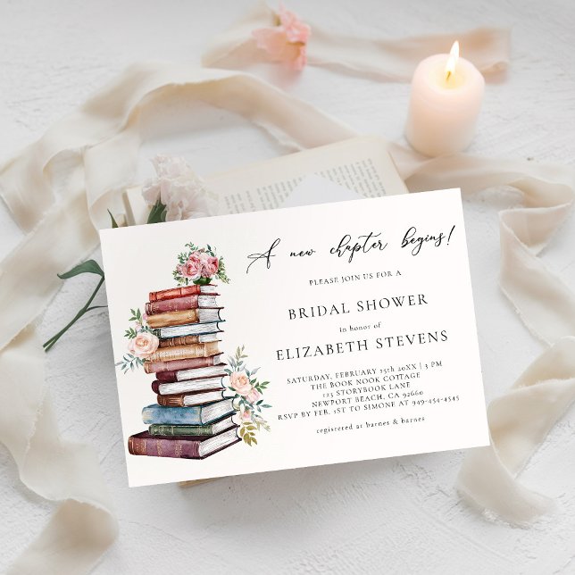 Convite Novo Chá de panela de Chic Bookworm do Livro do No (a new chapter bridal shower invitation book lover bookworm library literary floral roses watercolor)