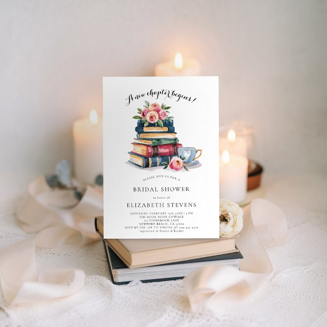 Convite Novo Chá de panela de Chic Bookworm do Livro do No (a new chapter bridal shower invitation book lover bookworm library literary floral peony elegant)