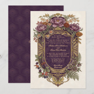 Convite Novo em Floral Outono Escudo Dourado Roxo Art Nouv
