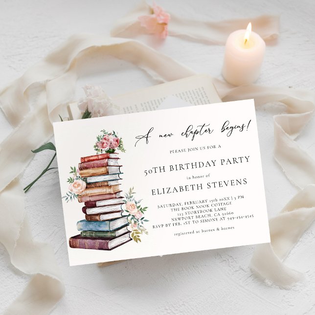 Convite Novo Livro de Capítulos Vestido Vestido Adulto Ani (a new chapter birthday party invitation milestone book lover bookworm library literary floral roses )