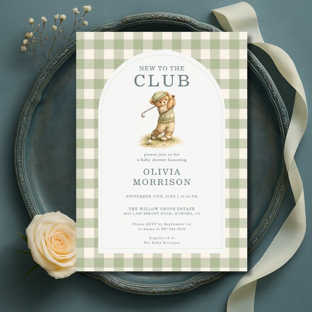 Convite Novo no Clube Chá de Bebê Urso de Gingham Golfe (Criador carregado)