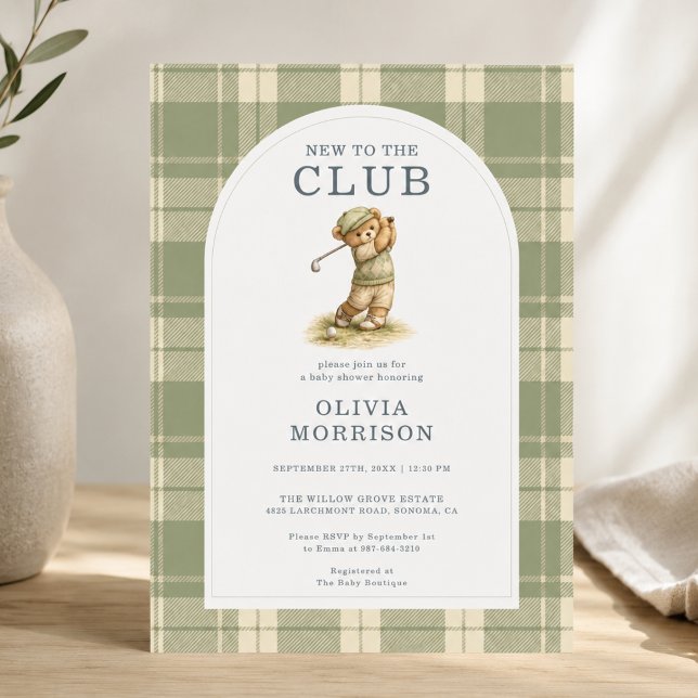 Convite Novo No Clube Chá de Bebê Xadrez de Urso de Golfe (Criador carregado)