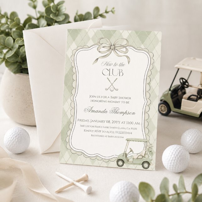 Convite Novo no Clube de Golfe Carrinho de Bebê Chás de Be (Preppy sage green golf cart baby shower invitation with argyle pattern and country club style.)