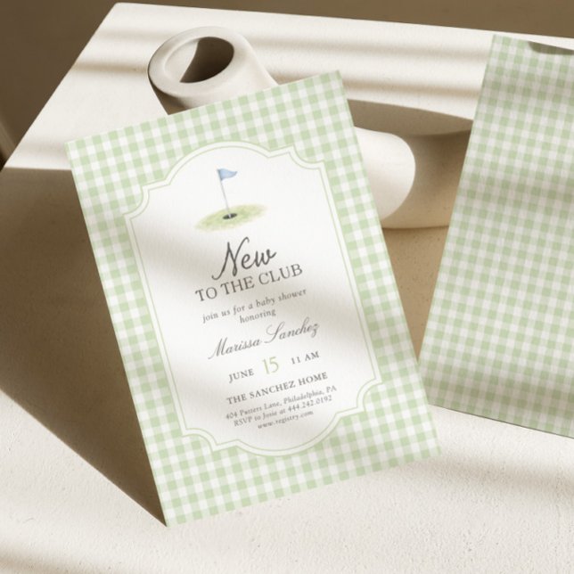 Convite Novo no Clube de Golfe Verde Gingham Chás de Bebê (Criador carregado)