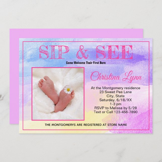 Convite Novo Sip Rosa de Aquarela Bebê e veja foto persona (Frente/Verso)