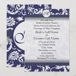 Convite Novos Tamanhos  Azul Naval Damasko Casamento 