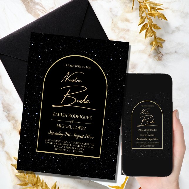 Convite NUESTRA BODA BLACK DOURADO Starry Night INVITE (Criador carregado)