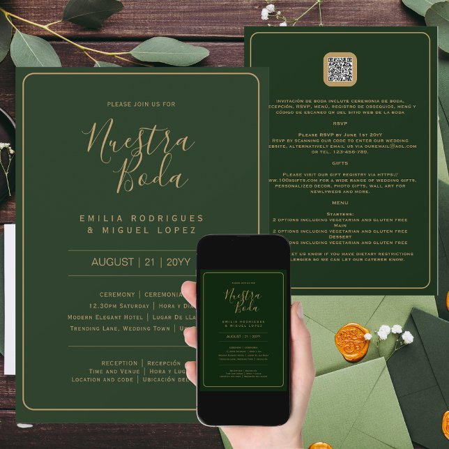 Convite NUESTRA BODA GREEN DOURADO RSVP DETALHES QRCode (Criador carregado)