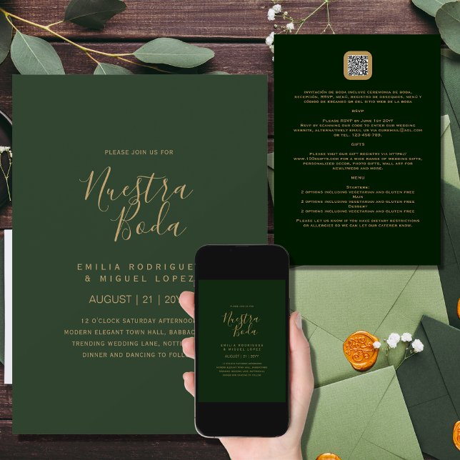 Convite NUESTRA BODA GREEN DOURADO RSVP DETALHES QRCode (Criador carregado)