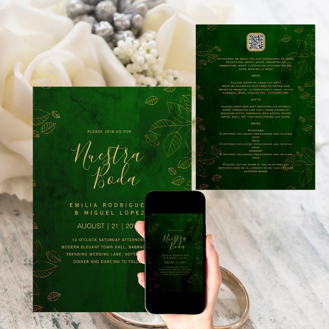 Convite NUESTRA BODA GREEN DOURADO RSVP DETALHES QRCode (Criador carregado)
