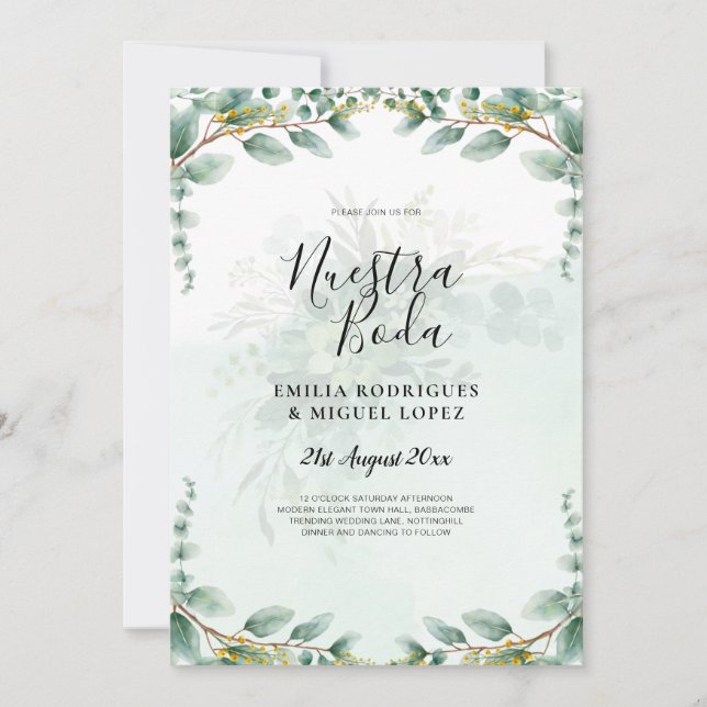 Convite Nuestra Boda Greenery Convocações para Casamento D (Frente)