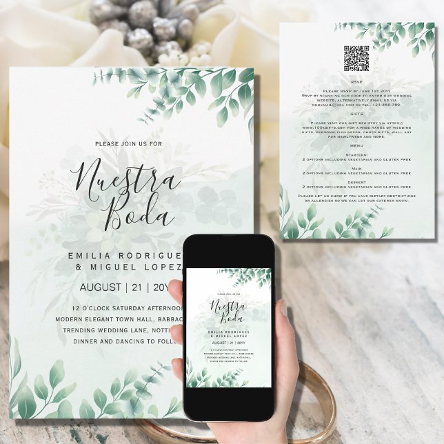 Convite NUESTRA BODA Greenery RSVP DETAILS QRCode (Criador carregado)