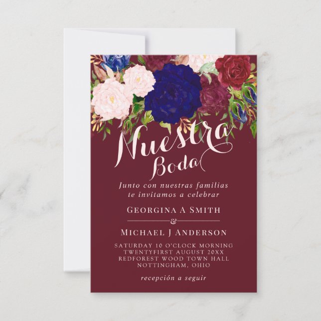Convite Nuestra Boda Invitación Borgonha Azul Rosa Floral (Frente)