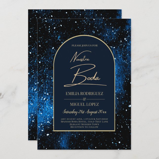 Convite NUESTRA BODA Starry Night Marinho Blue Dourado INV (Frente/Verso)