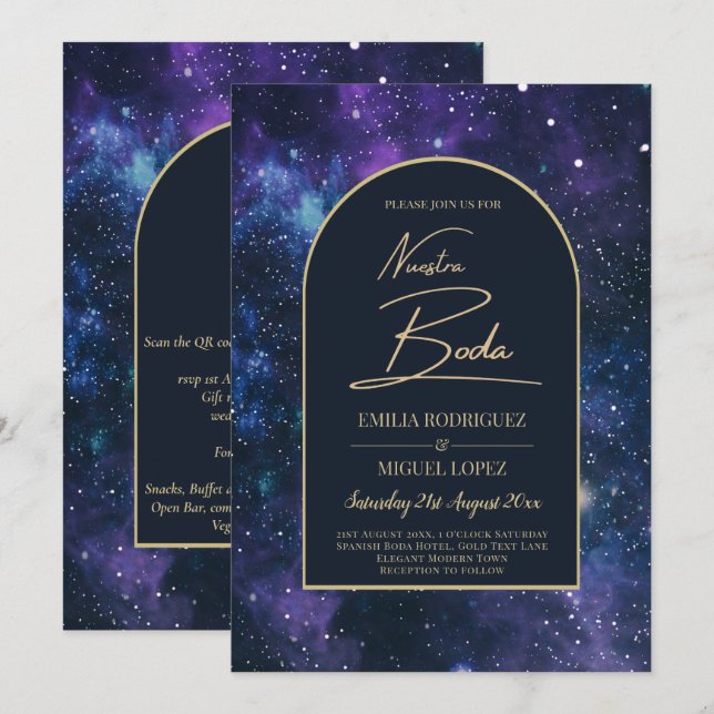 Convite NUESTRA BODA Starry Night Purple Blue INVITE (Frente/Verso)