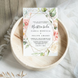 Convite Nuestra de Folhagem Verde Dourada Geométrica Boda