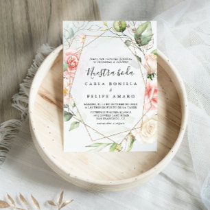 Convite Nuestra de Folhagem Verde Dourada Geométrica Boda 