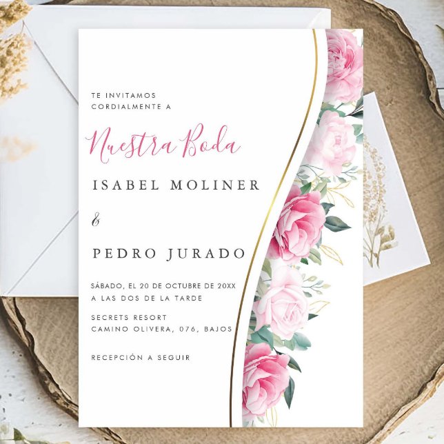 Convite Nuestra Floral Verde Rosa Nuestra Boda Casamento (Criador carregado)