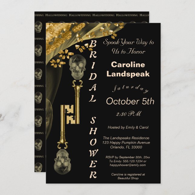 Convite Nuggets e Veil Dourados, Chaves Skeleton Halloween (Frente/Verso)