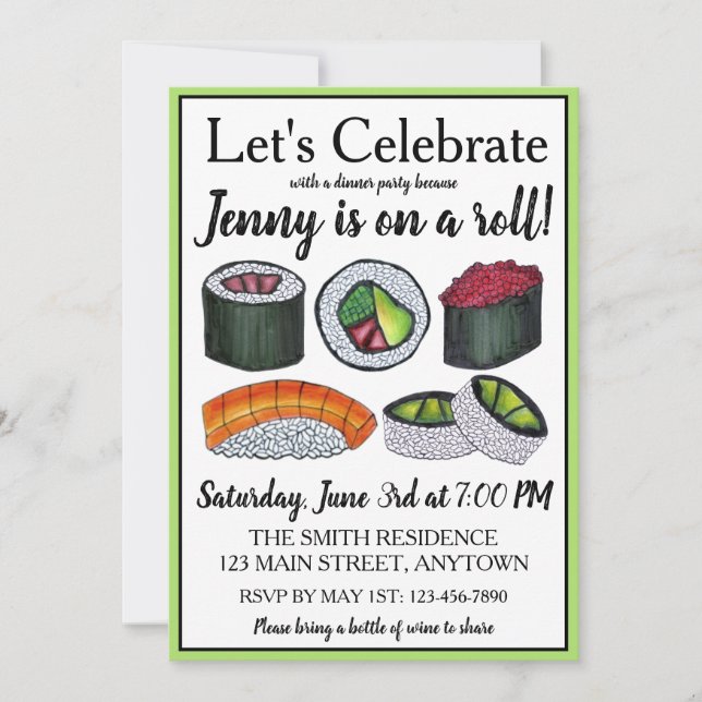 Convite Num Rolinho (de Sushi) Celebração de Parabéns (Frente)